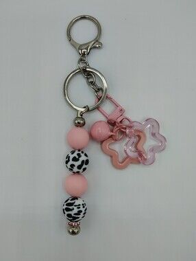 Handcrafted Pink Cow Print Beaded Keychain / Bag Charm